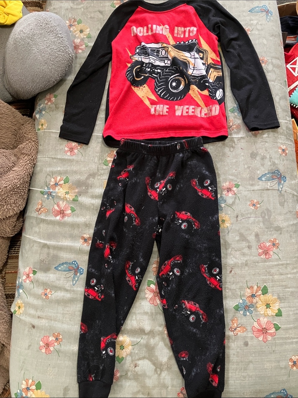 wonder nation Red and Black Monster Truck Pajama Set
